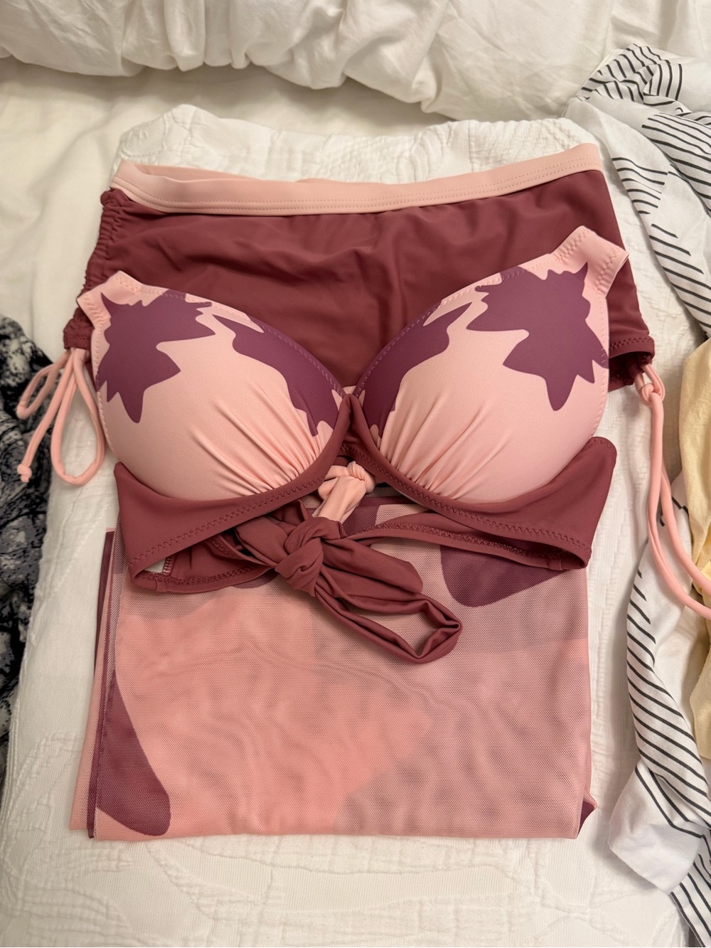 3Pcs High-Waist Halter Bikini Set in Dusty Rose & Blush